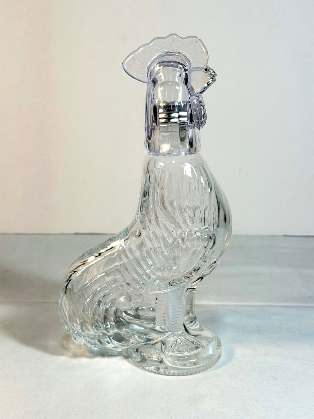 Vintage Clear Glass Rooster Decanter Bottle, Shot Glass Head 9"